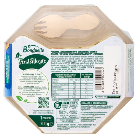 Bonduelle Pastallegre Mafalde Corte con Zucchine, Quartirolo Lombardo DOP, Pomodori e Origano 200 g