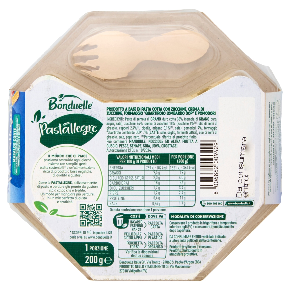 Bonduelle Pastallegre Mafalde Corte con Zucchine, Quartirolo Lombardo DOP, Pomodori e Origano 200 g