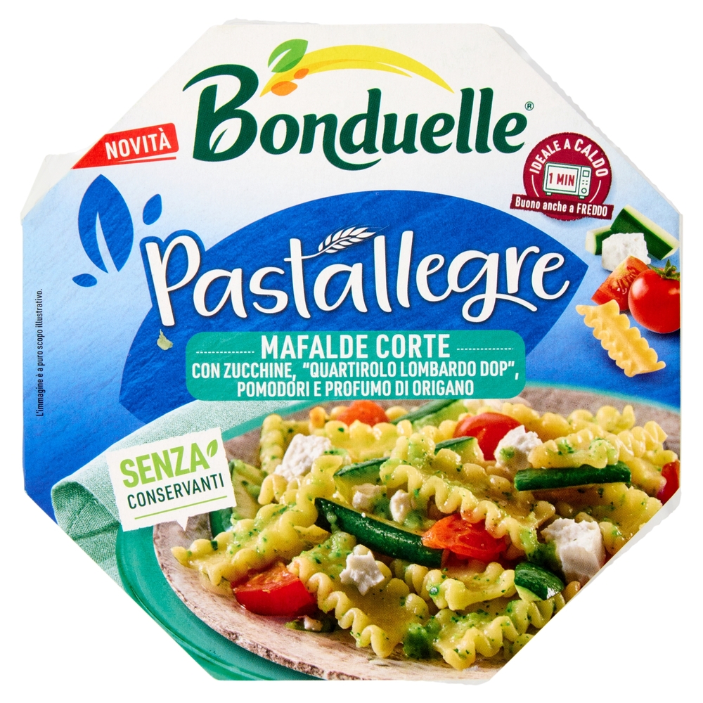 Bonduelle Pastallegre Mafalde Corte con Zucchine, Quartirolo Lombardo DOP, Pomodori e Origano 200 g
