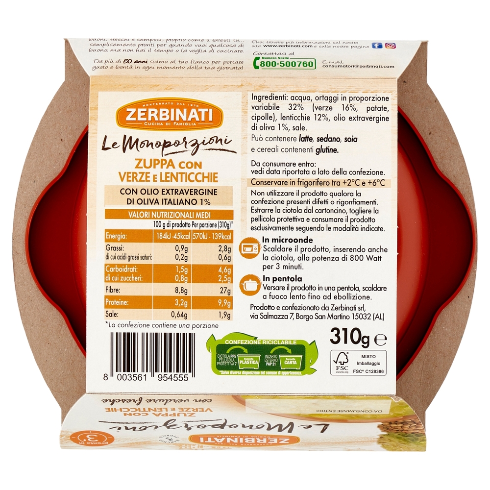 Zerbinati Le Monoporzioni Zuppa con Verze e Lenticchie 310 g