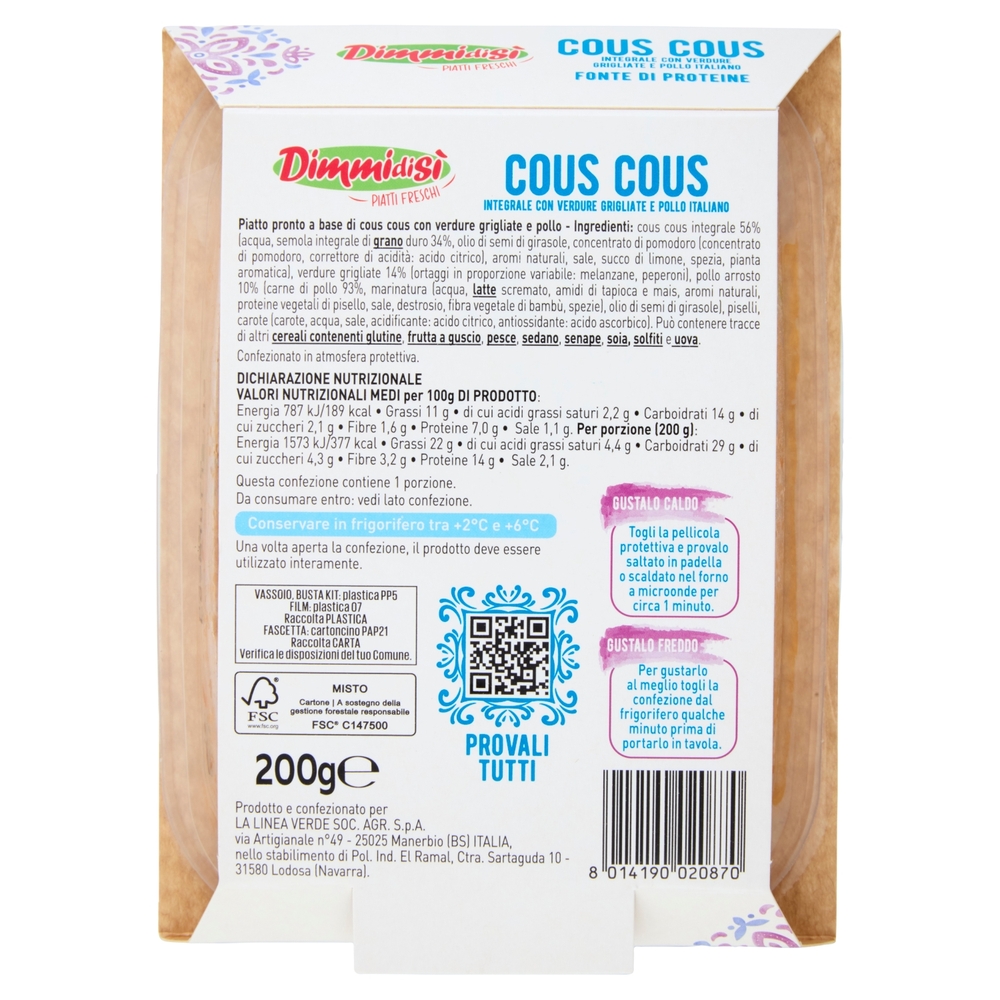 DimmidiSì Piatti Freschi Cous Cous Integrale con Verdure Grigliate e Pollo Italiano 200 g