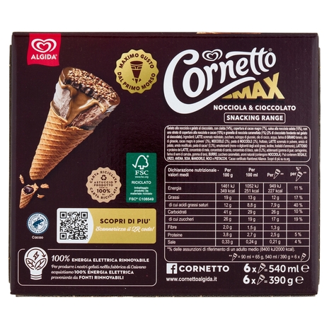 Cornetto Algida Max Nocciola & Cioccolato 6 Gelati 390 g