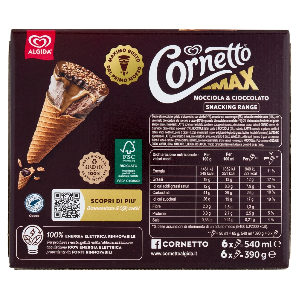 Cornetto Algida Max Nocciola & Cioccolato 6 Gelati 390 g