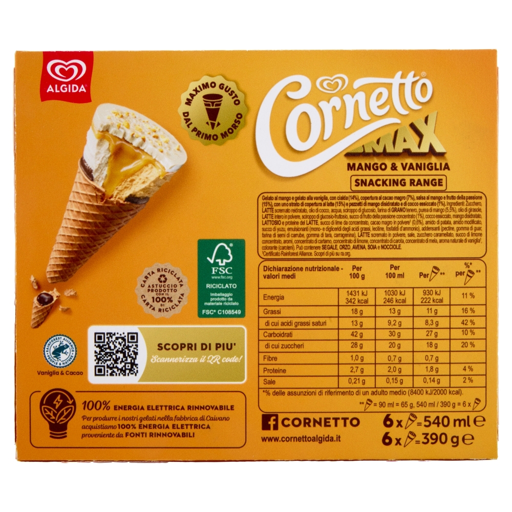 Cornetto Algida Max Mango & Vaniglia 6 Gelati 390 g