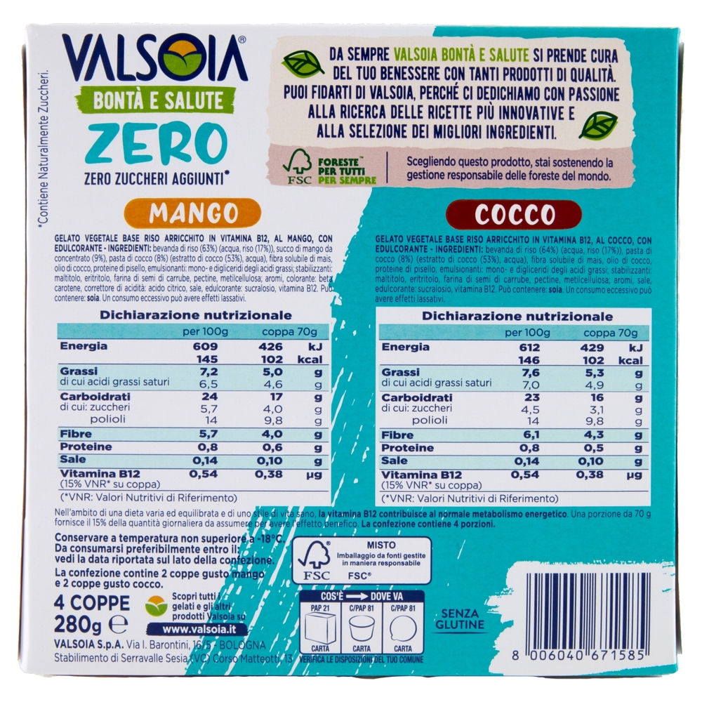 Valsoia Bontà e Salute Coppa Mango Cocco Zero Zuccheri Aggiunti* 4 x 70 g