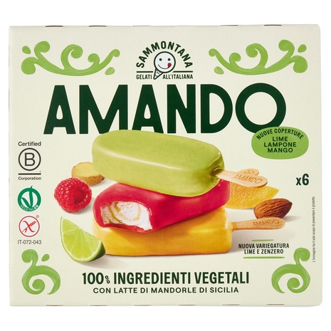 Sammontana Amando 6 Stecchi Gelato alla Vaniglia Variegato Lime e Zenzero Lime,Lampone,Mango 6x55g