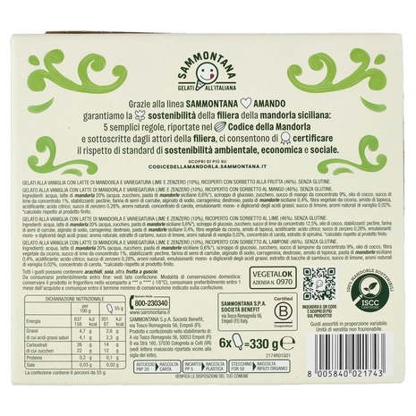 Sammontana Amando 6 Stecchi Gelato alla Vaniglia Variegato Lime e Zenzero Lime,Lampone,Mango 6x55g