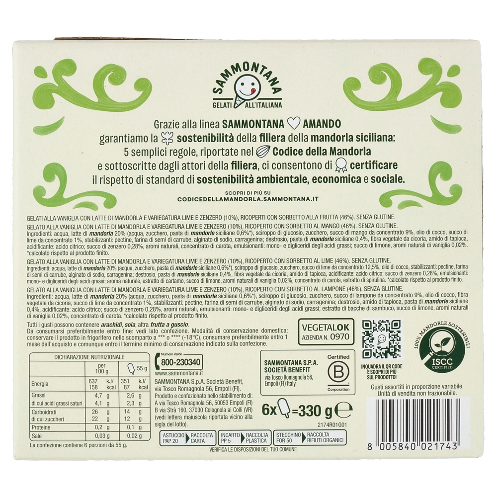 Sammontana Amando 6 Stecchi Gelato alla Vaniglia Variegato Lime e Zenzero Lime,Lampone,Mango 6x55g