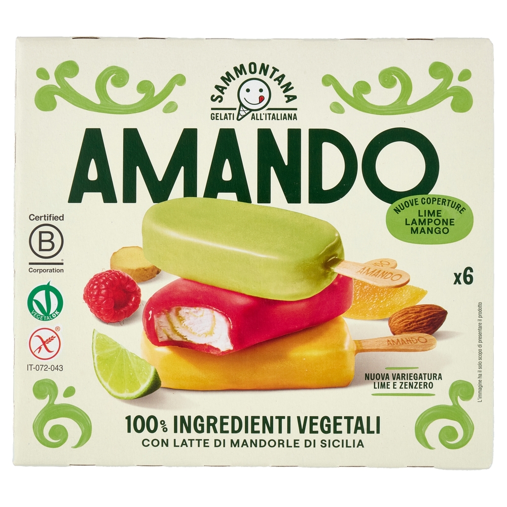 Sammontana Amando 6 Stecchi Gelato alla Vaniglia Variegato Lime e Zenzero Lime,Lampone,Mango 6x55g