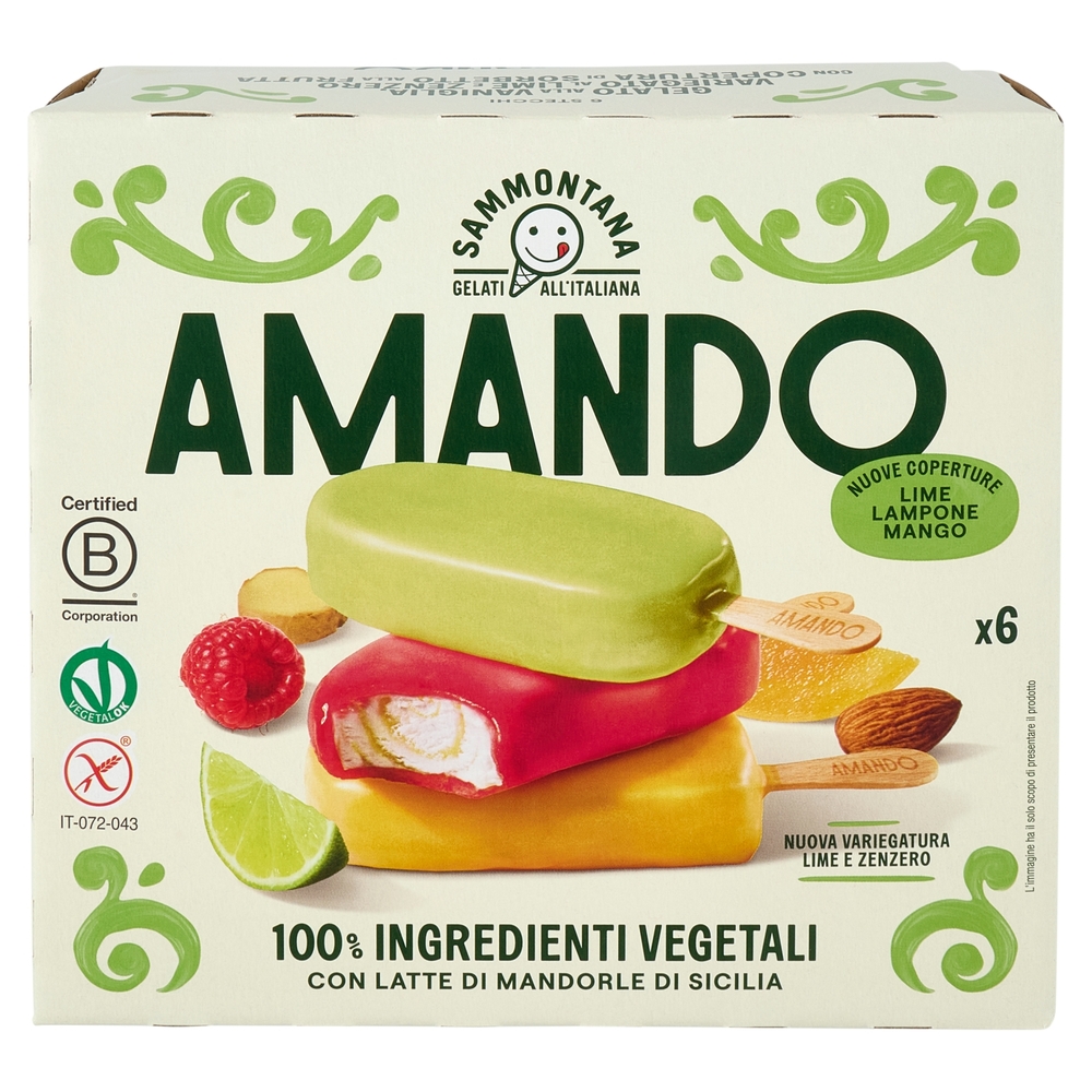 Sammontana Amando 6 Stecchi Gelato alla Vaniglia Variegato Lime e Zenzero Lime,Lampone,Mango 6x55g