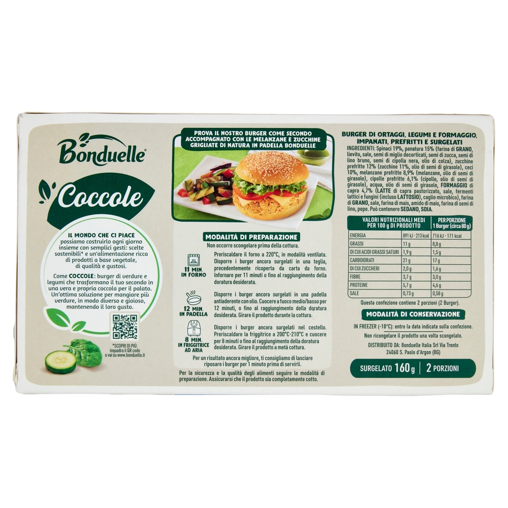 Bonduelle Coccole Burger di Spinaci, Zucchine e Formaggio di Capra Surgelato 160 g