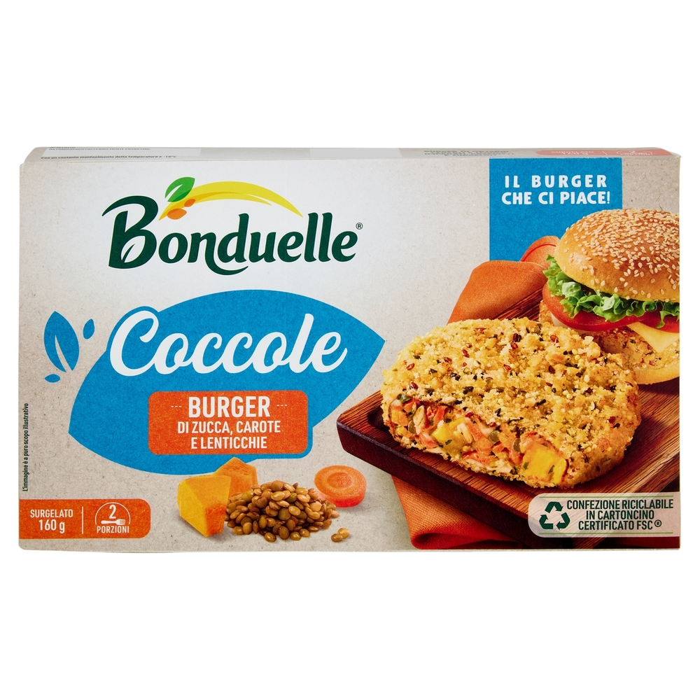 Bonduelle Coccole Burger di Zucca, Carote e Lenticchie Surgelato 160 g