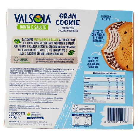 Valsoia Bontà e Salute Gran Cookie con Gocce di Cioccolato Fondente 3 x 90 g