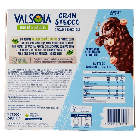 Valsoia Bontà e Salute Gran Stecco Cacao e Nocciole 3 x 80 g