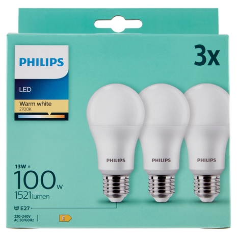 Philips Led sfera vetro 100W E27 2700K 3 pz
