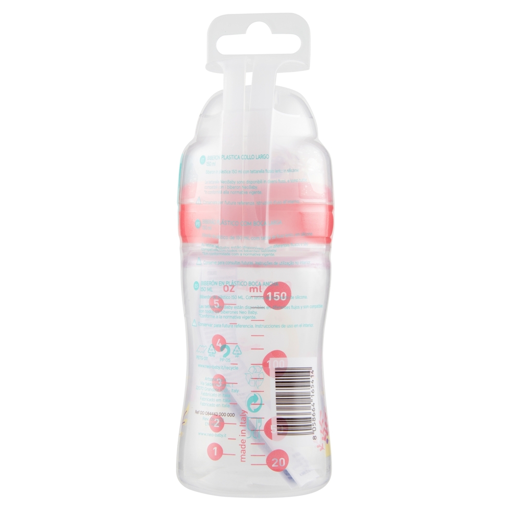neo Baby Biberon Plastica Collo Largo 150 ml 0m+ Dino Rosa