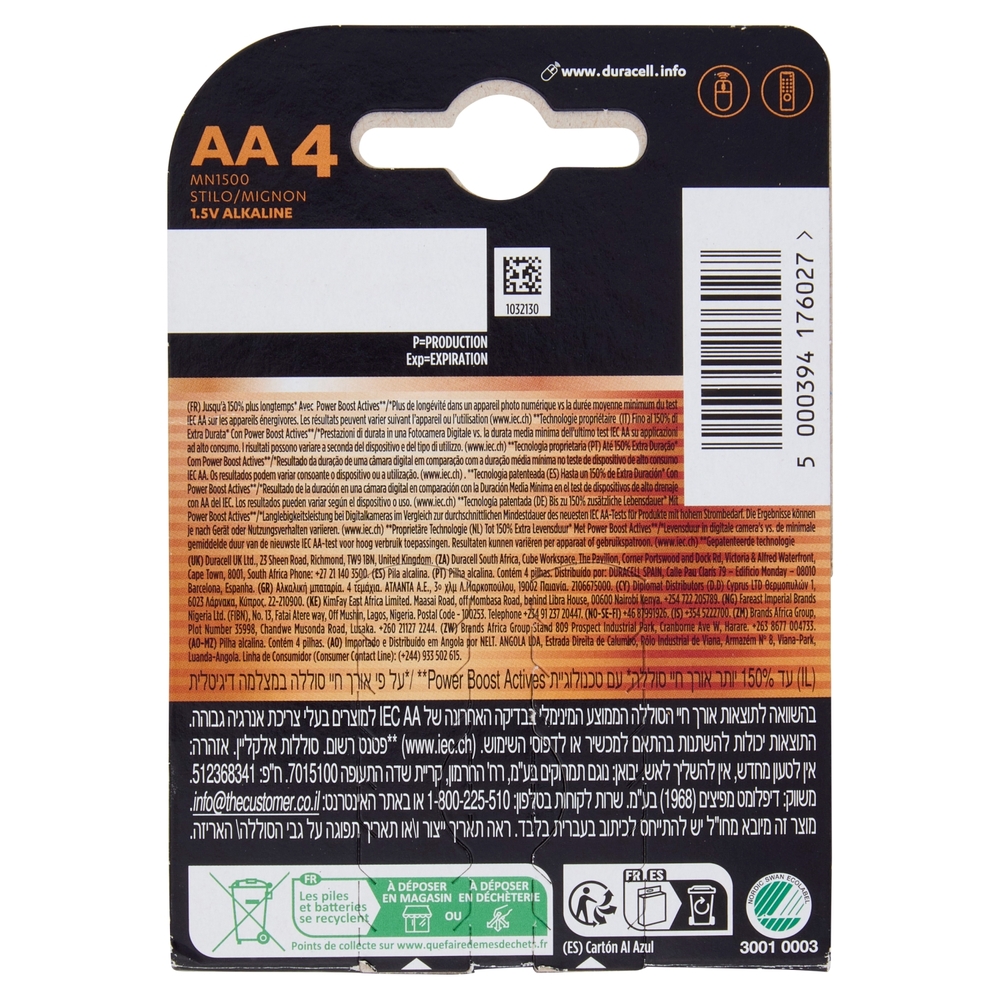 Duracell Plus AA 4  Stilo / Mignon Alcalina 1.5V MN1500 4 pz