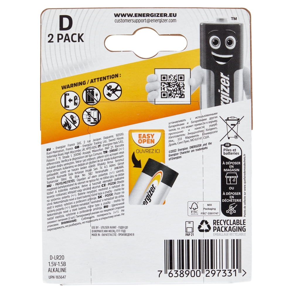 Energizer Alkaline Power D Torcia 2 pz