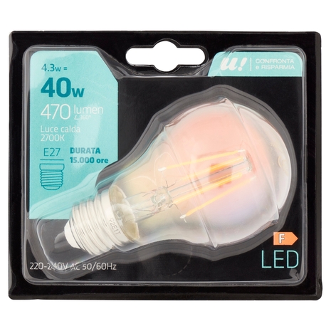Lampada Led Goccia Filamento 4,3W E27 2700K U! Confronta e Risparmia