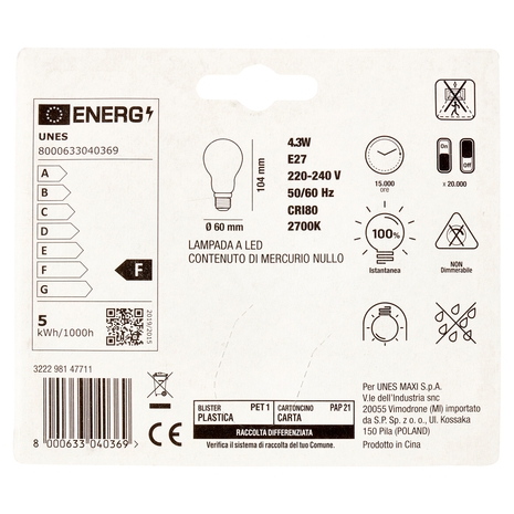 Lampada Led Goccia Filamento 4,3W E27 2700K U! Confronta e Risparmia