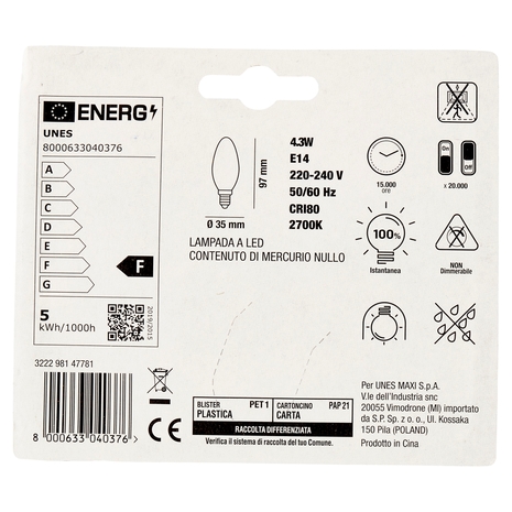 Lampada Led Oliva Filamento 4,3W E14 2700K U! Confronta e Risparmia