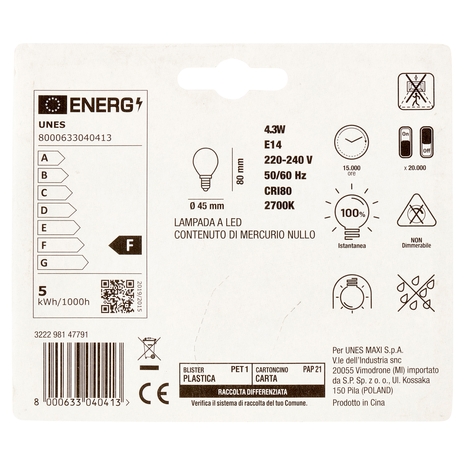 Lampada Led Sfera Filamento 4,3W E14 2700K U! Confronta e Risparmia