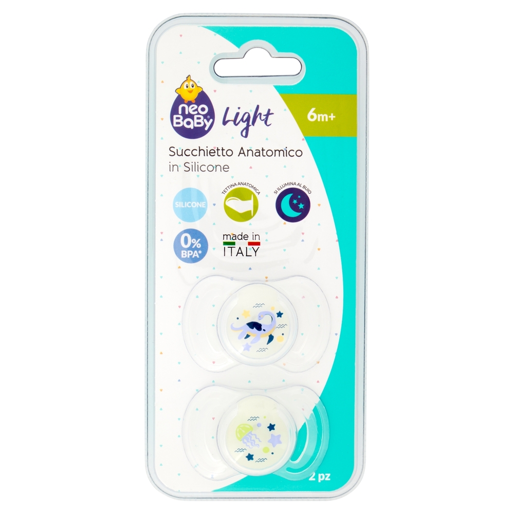 neo Baby Light Succhietto Anatomico in Silicone 6m+ Dino Glow 2 pz