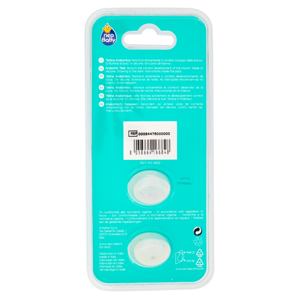 neo Baby Light Succhietto Anatomico in Silicone 6m+ Dino Glow 2 pz