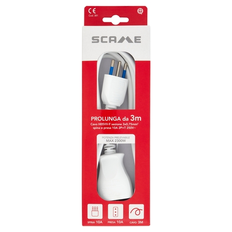 Scame Prolunga da 3m Cavo H05VV-F sezione 3x0,75mm² spina e presa 10A 2P+T 250V
