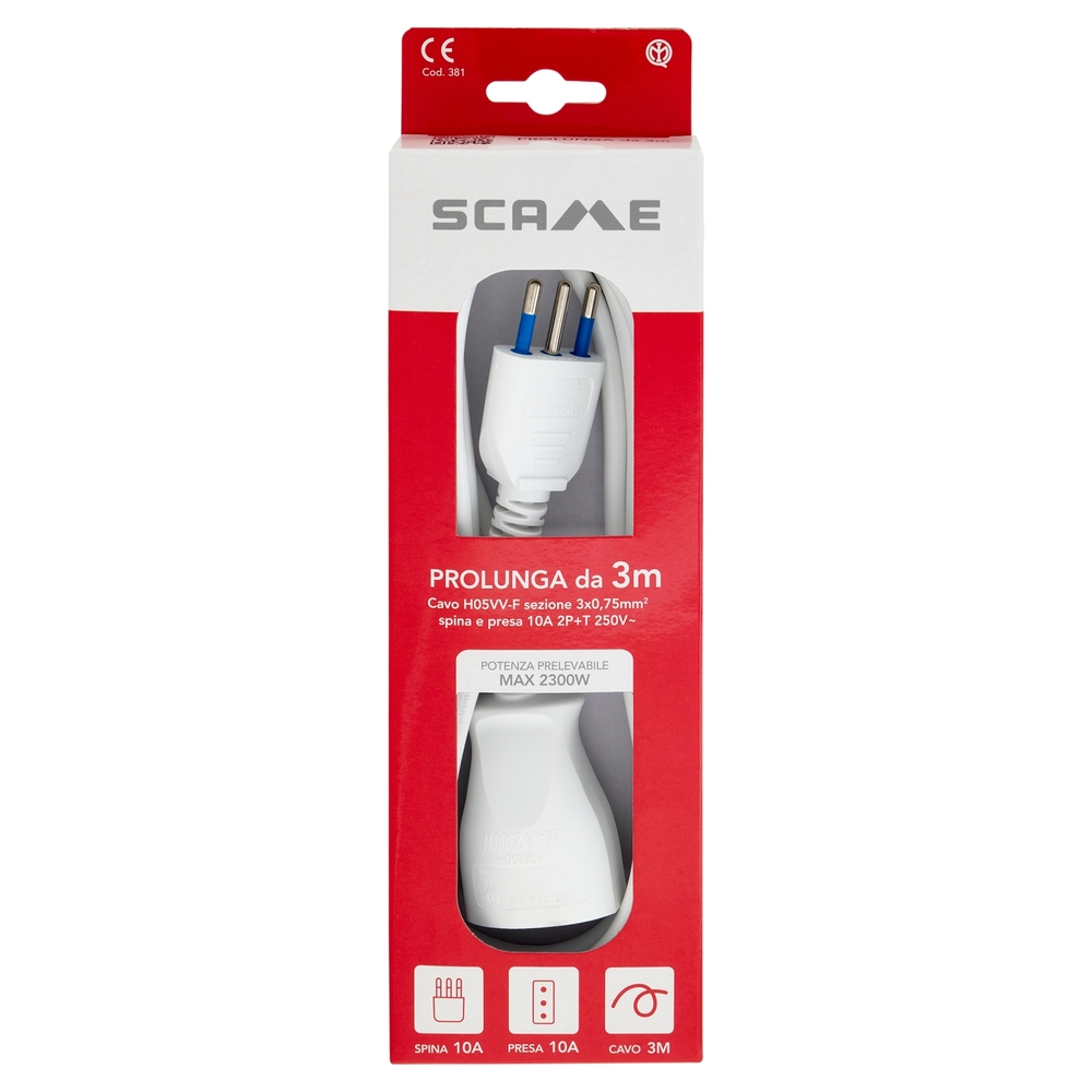 Scame Prolunga da 3m Cavo H05VV-F sezione 3x0,75mm² spina e presa 10A 2P+T 250V