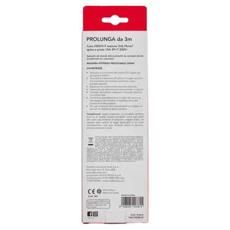 Scame Prolunga da 3m Cavo H05VV-F sezione 3x0,75mm² spina e presa 10A 2P+T 250V