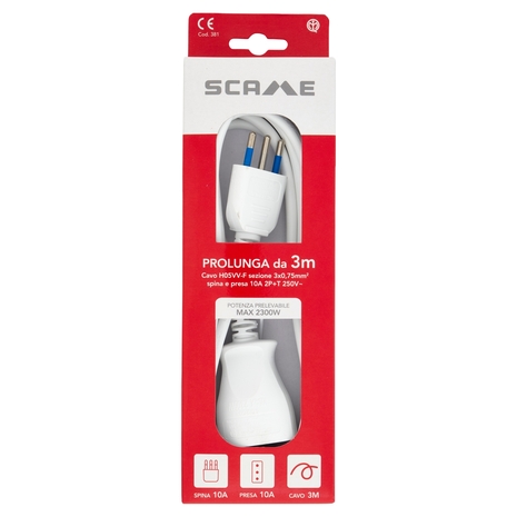 Scame Prolunga da 3m Cavo H05VV-F sezione 3x0,75mm² spina e presa 10A 2P+T 250V