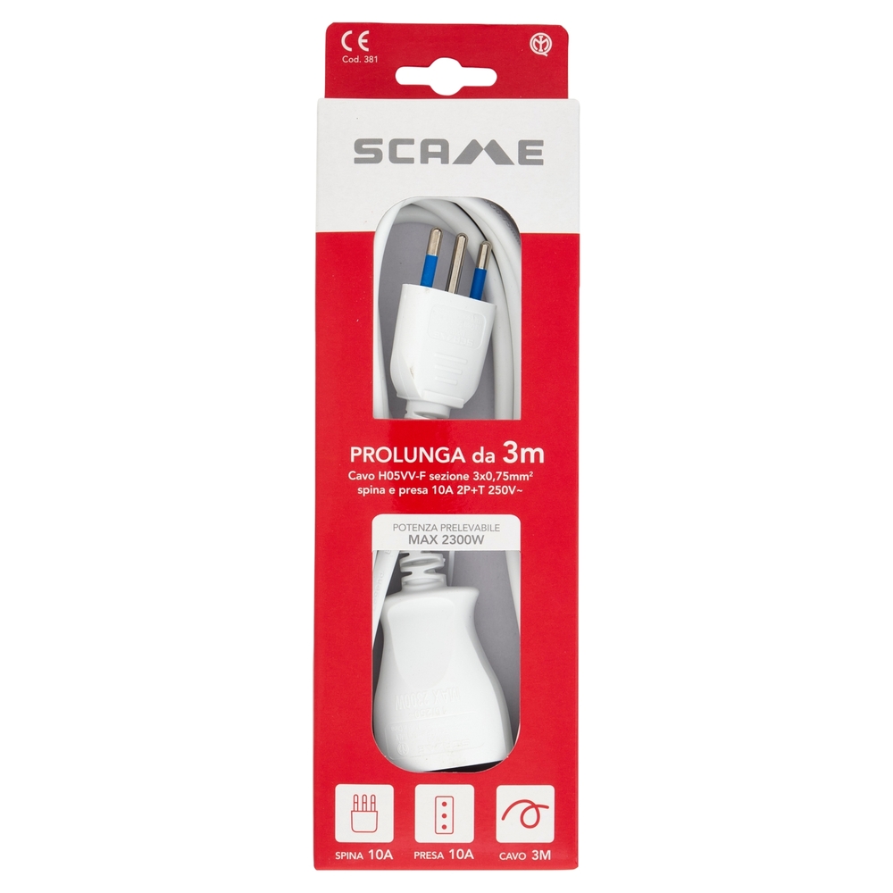 Scame Prolunga da 3m Cavo H05VV-F sezione 3x0,75mm² spina e presa 10A 2P+T 250V