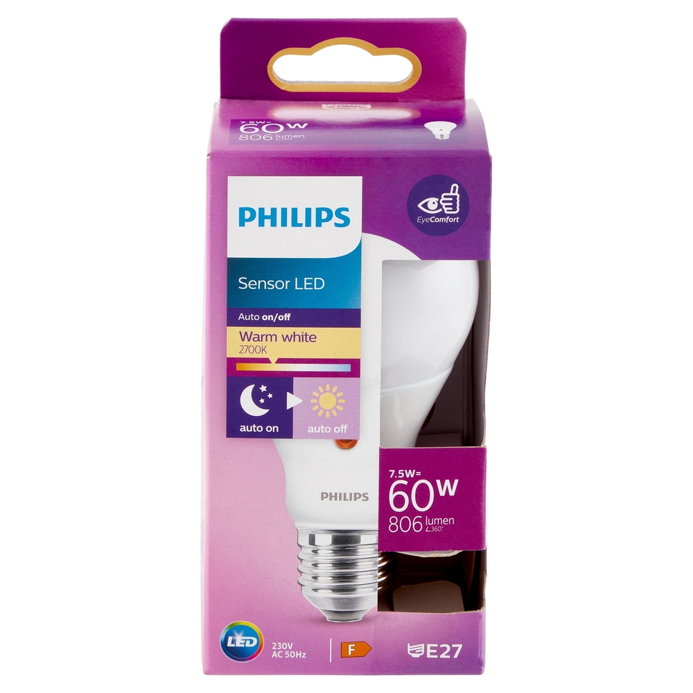 Philips Sensor Led goccia con sensore crepuscolare 60W E27 2700K