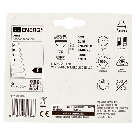 Lampada Led Faretto 5,5W GU10 2700K U! Confronta e Risparmia