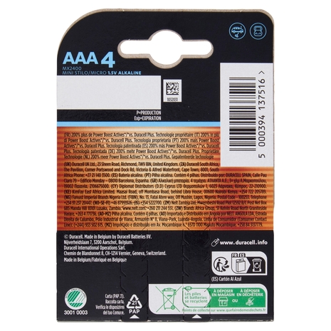 Duracell Optimum AAA 4 Mini Stilo / Micro Alcalina 1.5V MX2400 4 pz