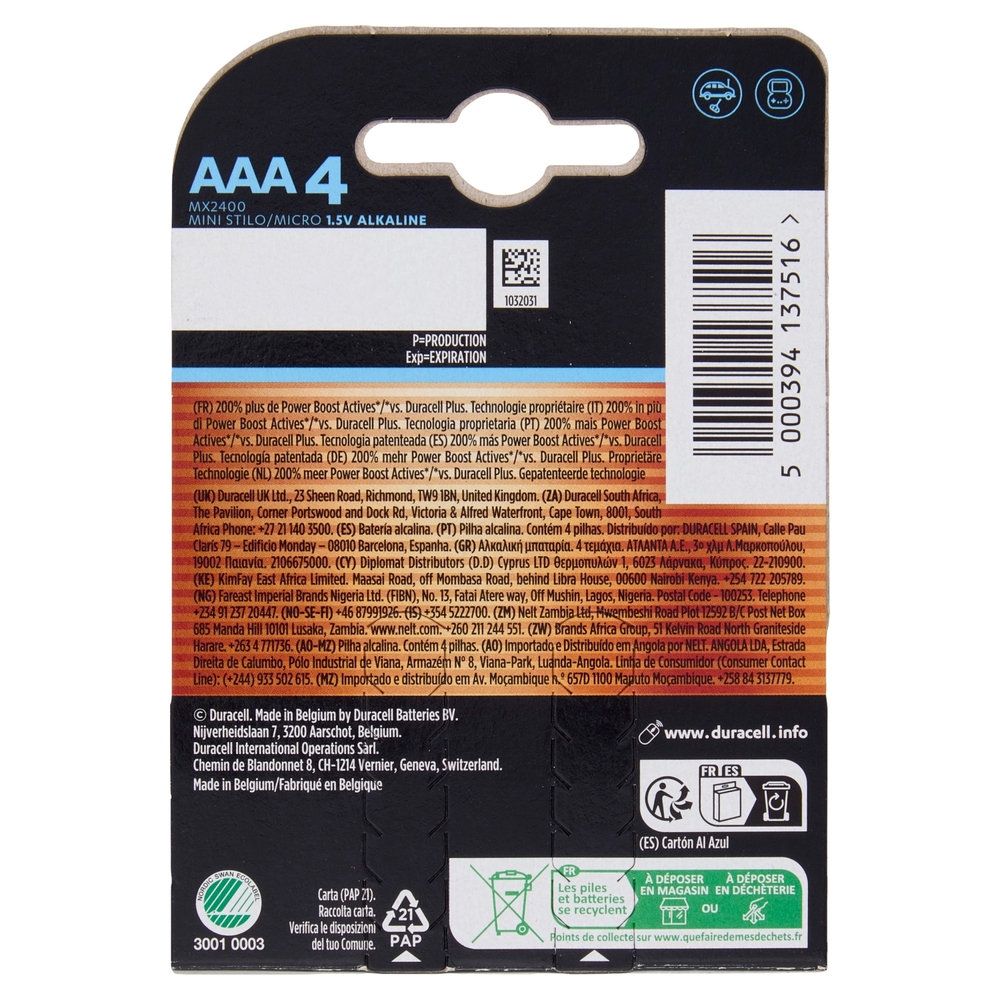Duracell Optimum AAA 4 Mini Stilo / Micro Alcalina 1.5V MX2400 4 pz