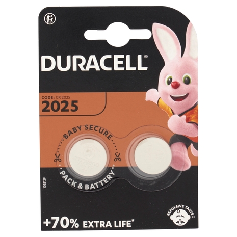 Duracell 2025 Batteria Bottone al Litio Specialistica 3V pacco da 2 pile con Tecnologia Baby Secure