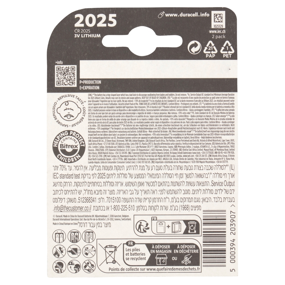 Duracell 2025 Batteria Bottone al Litio Specialistica 3V pacco da 2 pile con Tecnologia Baby Secure