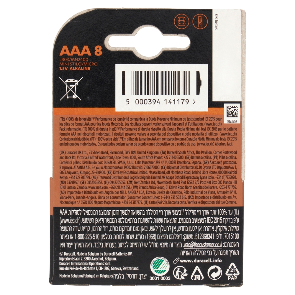 Duracell Plus AAA Batterie Ministilo Alcaline 1.5V LR03 MN2400 confezione da 8 Pile Duracell