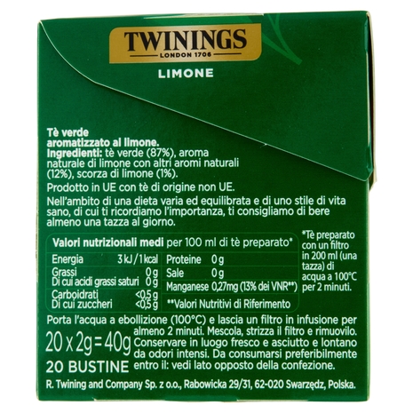 Twinings Limone Tè Verde aromatizzato Antiossidante e Supporto Metabolismo 20 filtri The 40 g