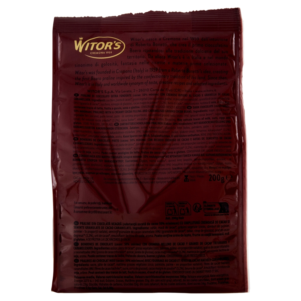 Witor's Noir Cioccolato Fondente con Scaglie di Fave di Cacao 200 g