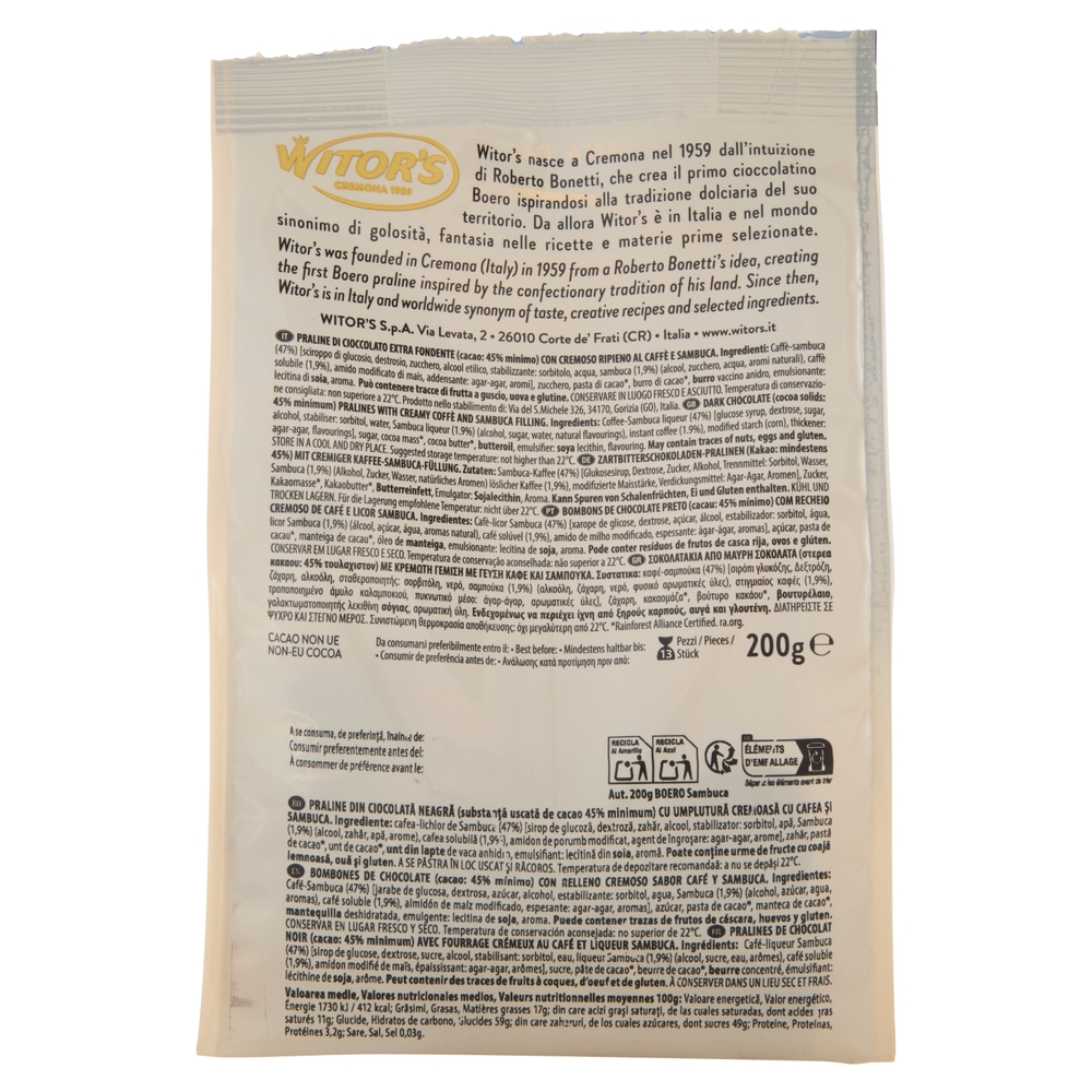Witor's il Boero Caffè e Sambuca Cioccolato Extra Fondente con Caffè e Sambuca 200 g