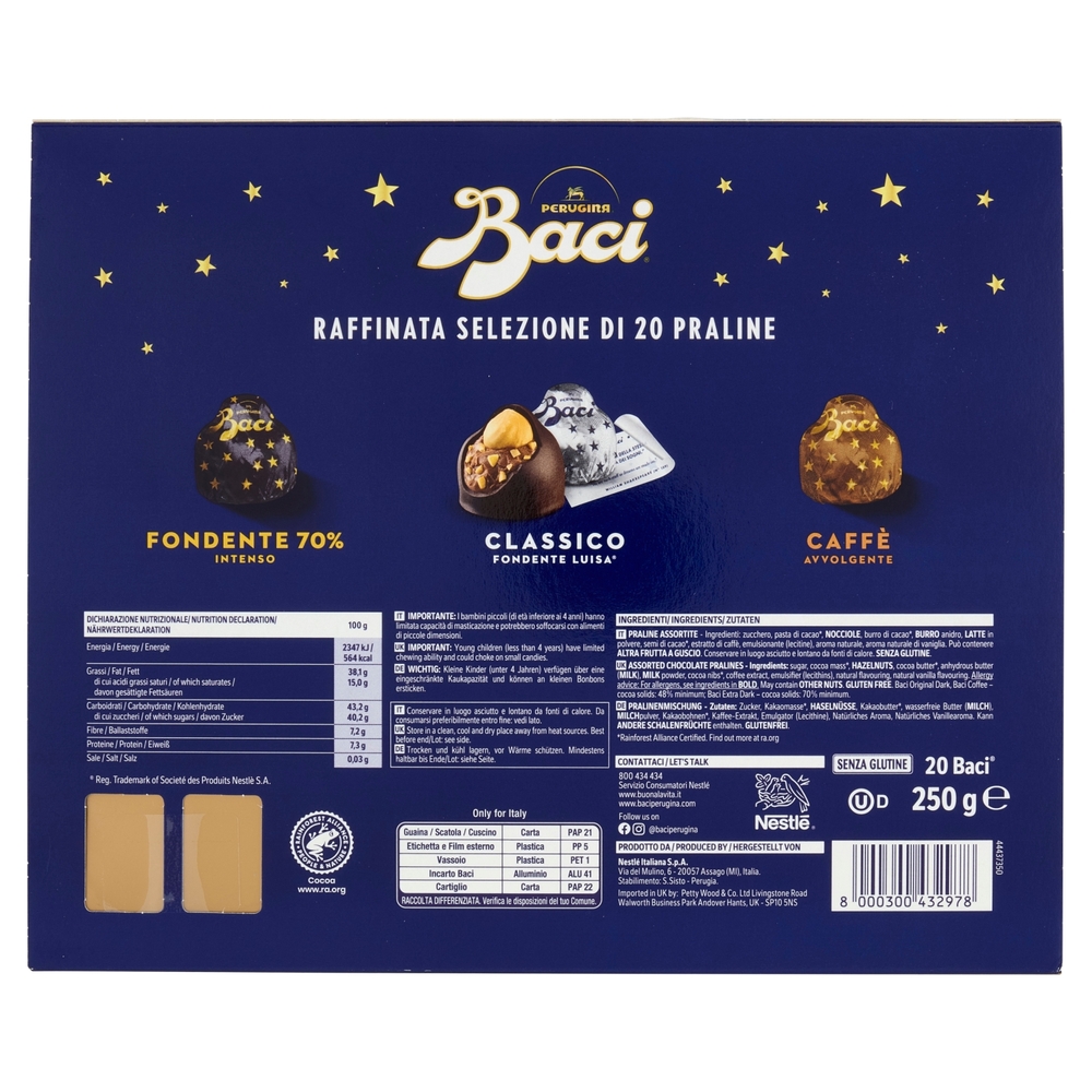 BACI PERUGINA Assortito Cioccolatini ripieni al Gianduia Scatola Regalo Natale Fondente 250g