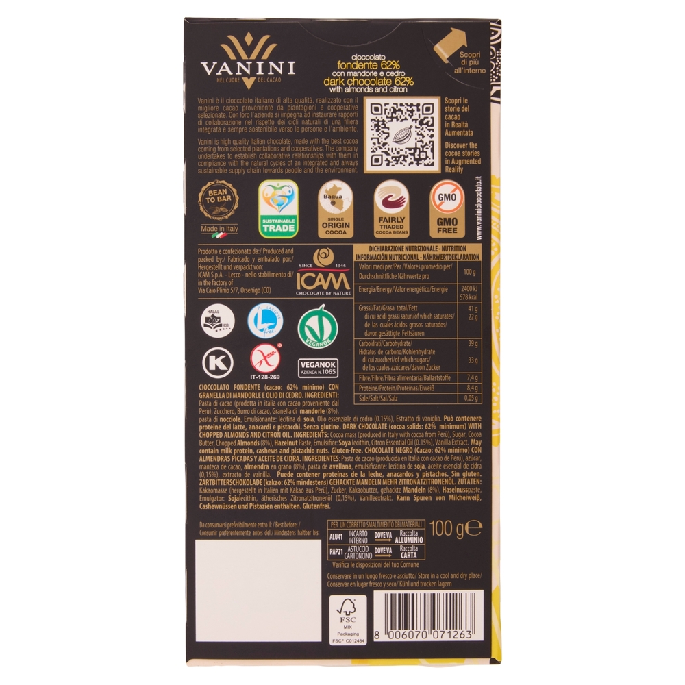 Vanini fondente 62% con mandorle e cedro 100 g