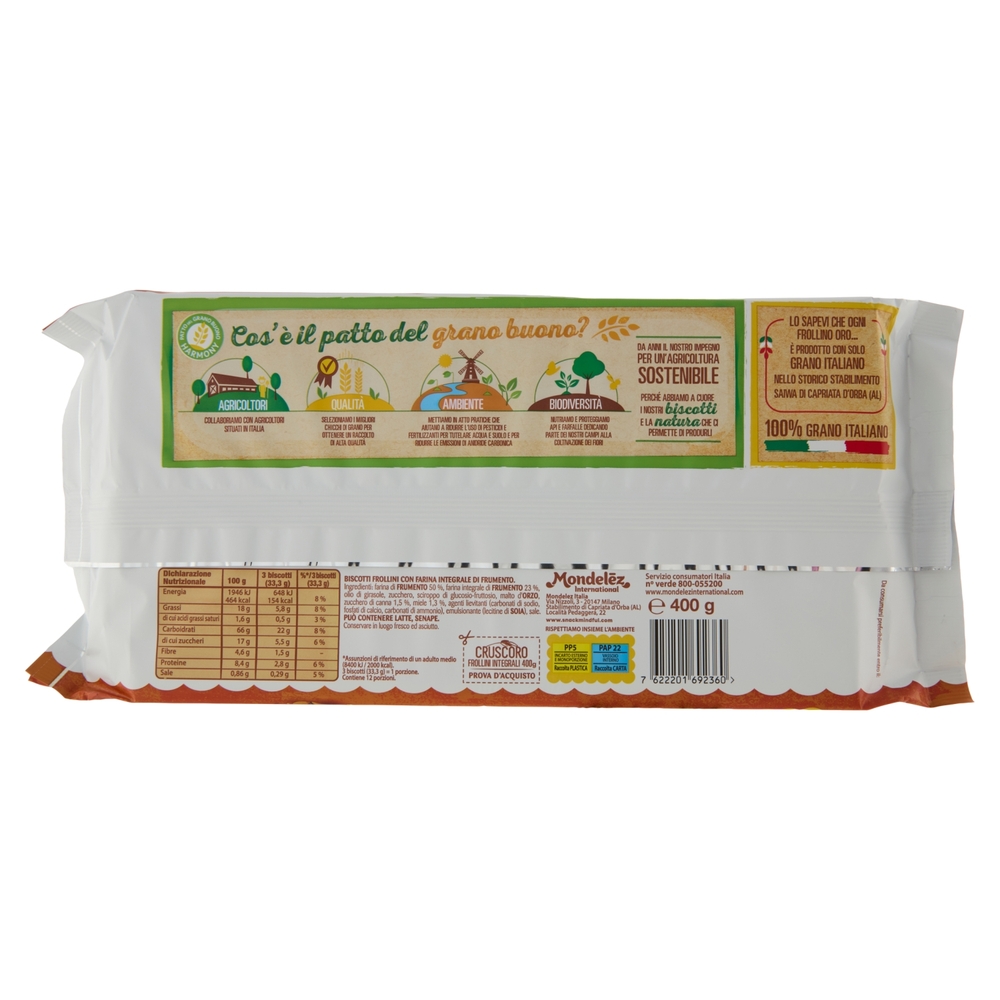 Oro Saiwa Cruscoro - biscotti integrali 100% grano italiano con zucchero di canna e miele - 400g