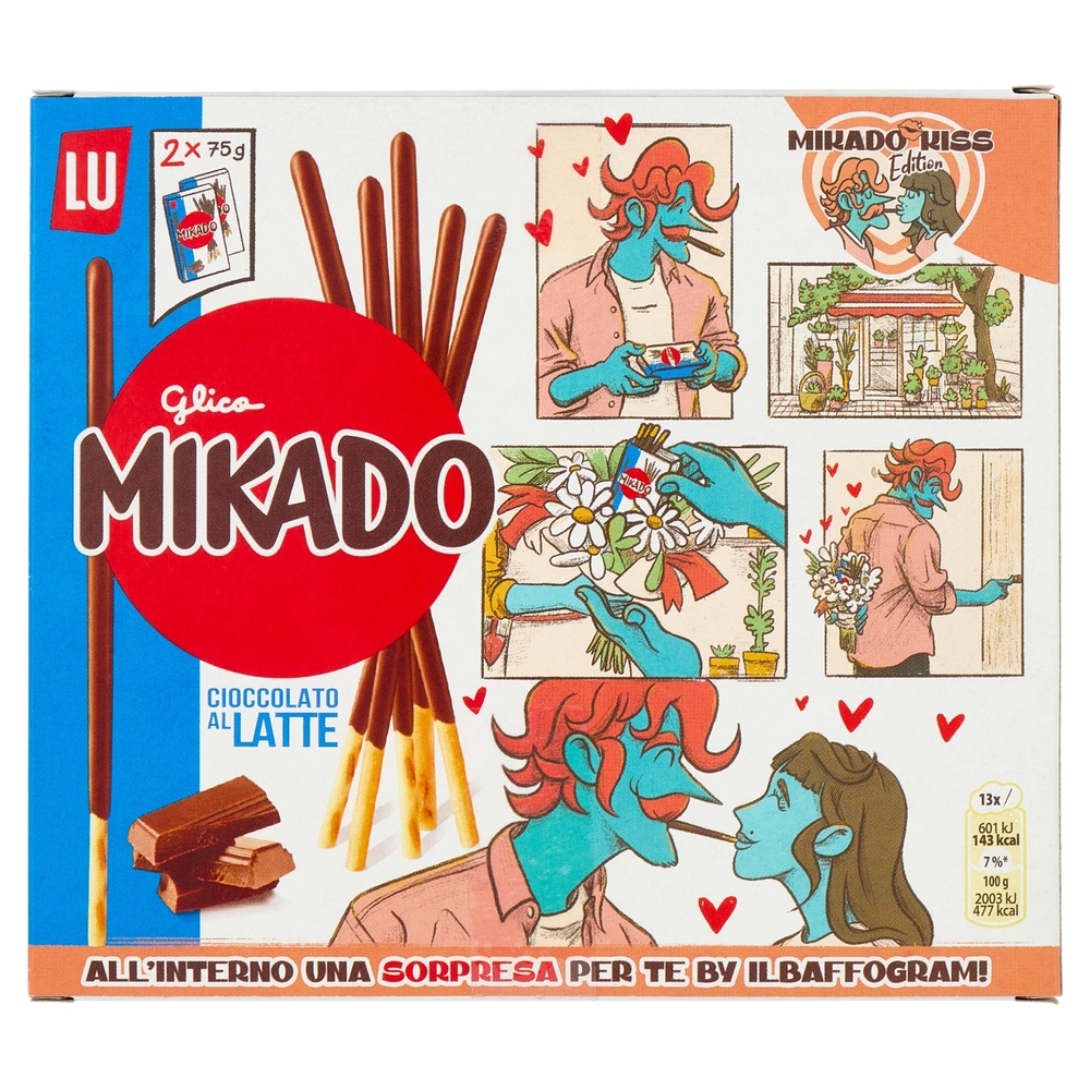 Mikado Kiss Limited Edition Bastoncini sottili e croccanti, ricoperti di cioccolato al latte 2x75 g
