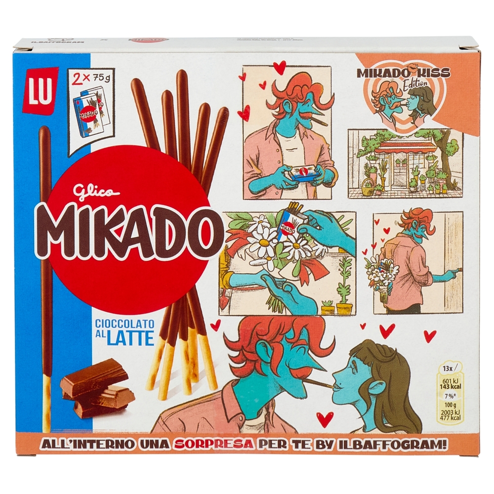 Mikado Kiss Limited Edition Bastoncini sottili e croccanti, ricoperti di cioccolato al latte 2x75 g