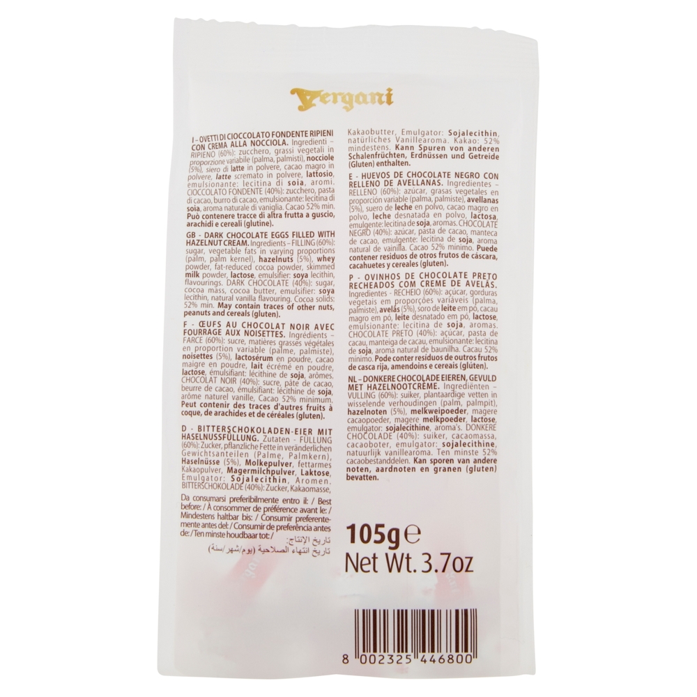 Vergani Ovetti di Cioccolato Fondente Ripieni con Crema alla Nocciola 105 g