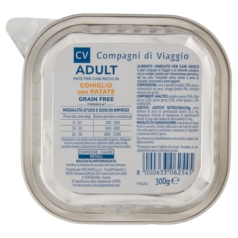 Adult Paté per Cani Ricco in Coniglio con Patate Compagni di Viaggio